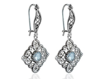 Orecchini pendenti da donna in filigrana d'argento sterling 925 con pietre preziose di topazio blu, orecchini a fiore, orecchini pendenti regalo