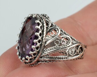 925 Sterling Silver Filigree Art Angel Wings Amethyst Women Cocktail Ring