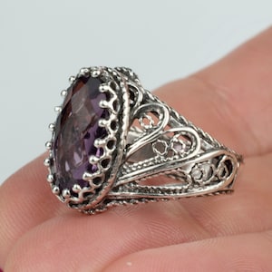 925 Sterling Silver Filigree Art Angel Wings Amethyst Women Cocktail Ring