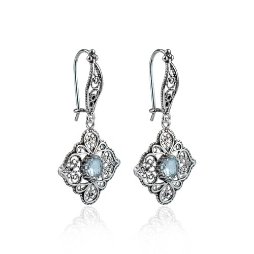 Pendientes colgantes de topacio azul en plata de ley, pendientes de filigrana 925, joyería bohemia hecha a mano, regalo para ella, piedra de nacimiento de diciembre.