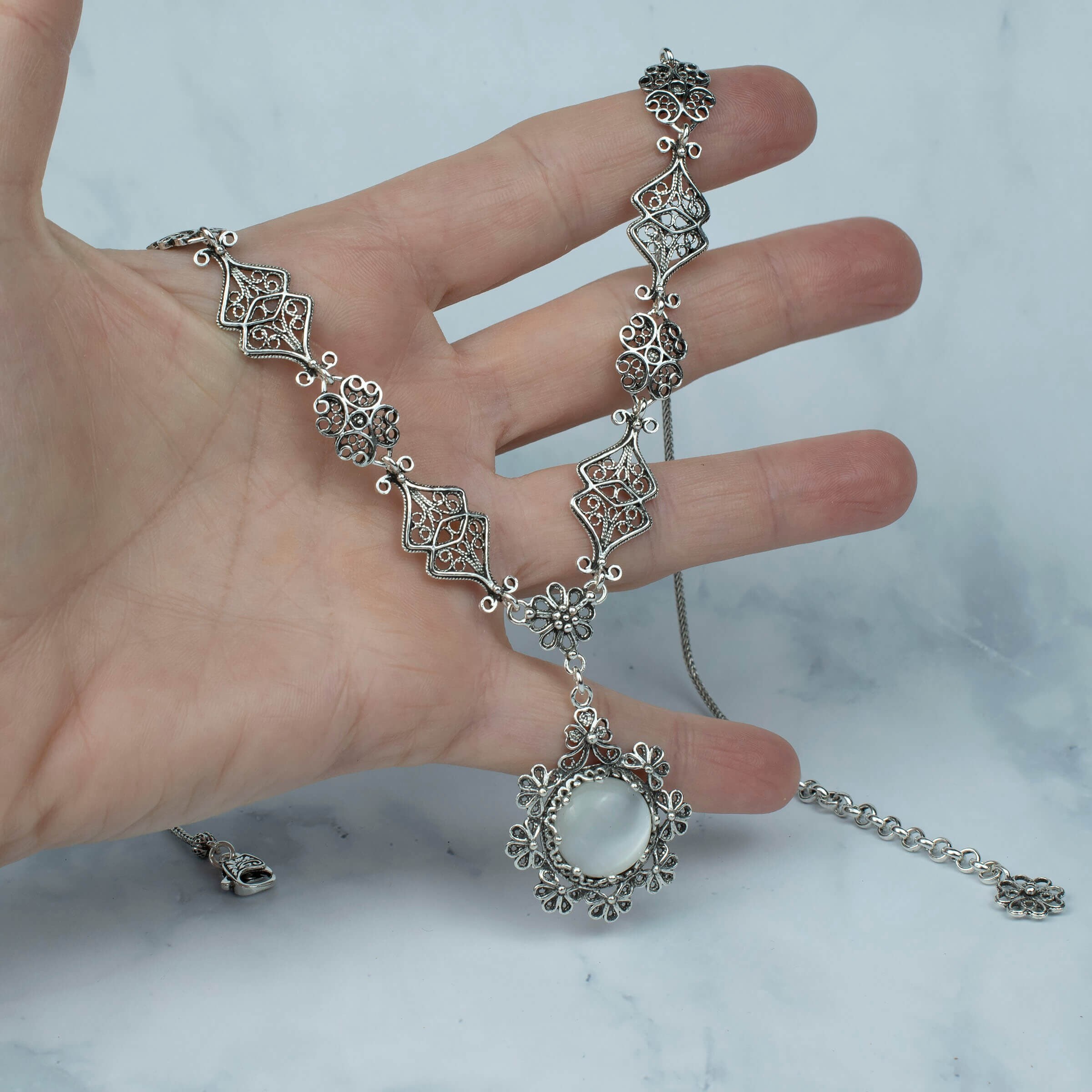 925 Sterling Silver Filigree Art Handcrafted Mother of Pearl Gemstone Floral Necklace