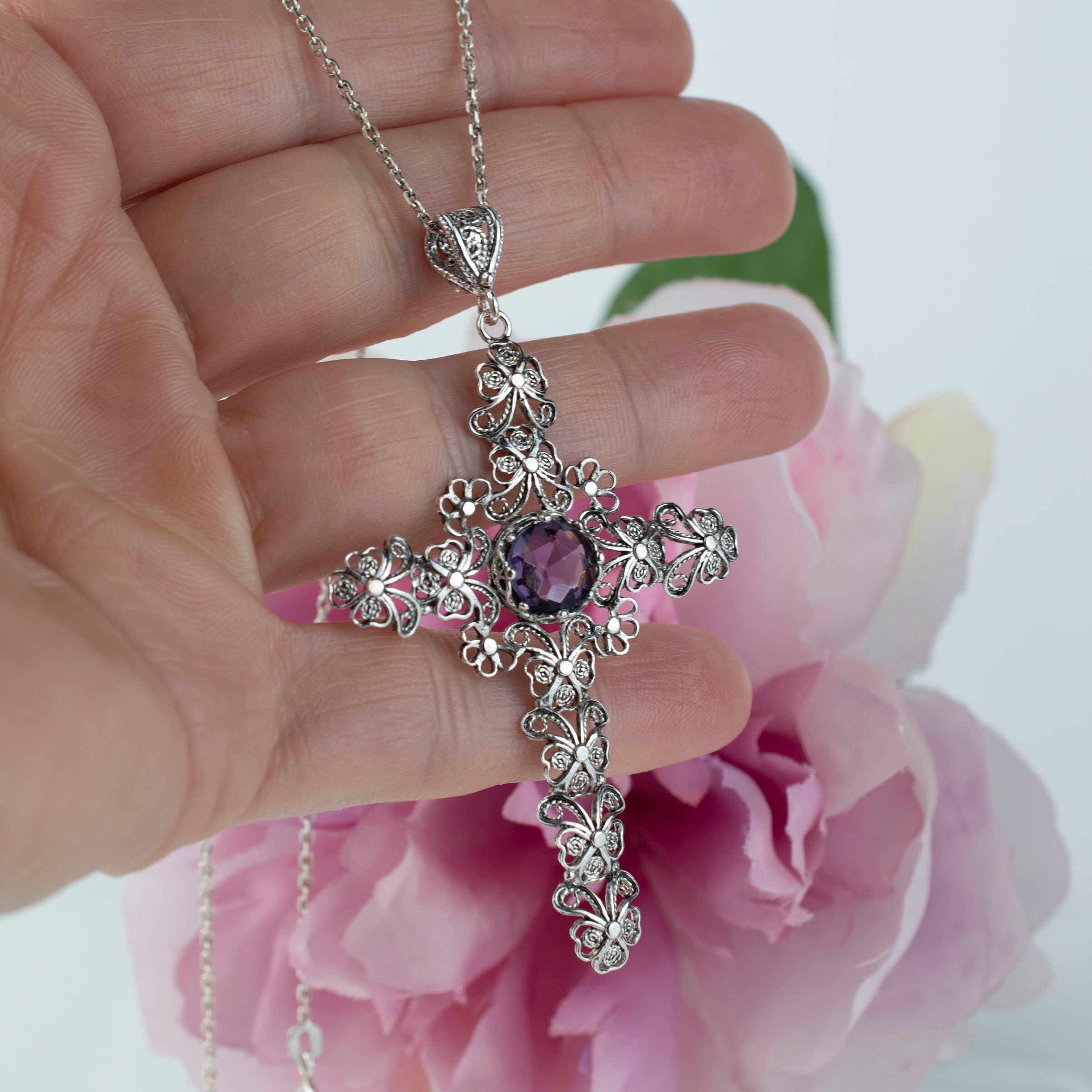 925 Sterling Silver Filigree Art Amethyst Cross Pendant Necklace - Etsy