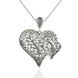 925 Sterling Silver Filigree Art Women Heart to Heart Pendant Necklace, 18&quot;+2&quot; Silver Chain Option