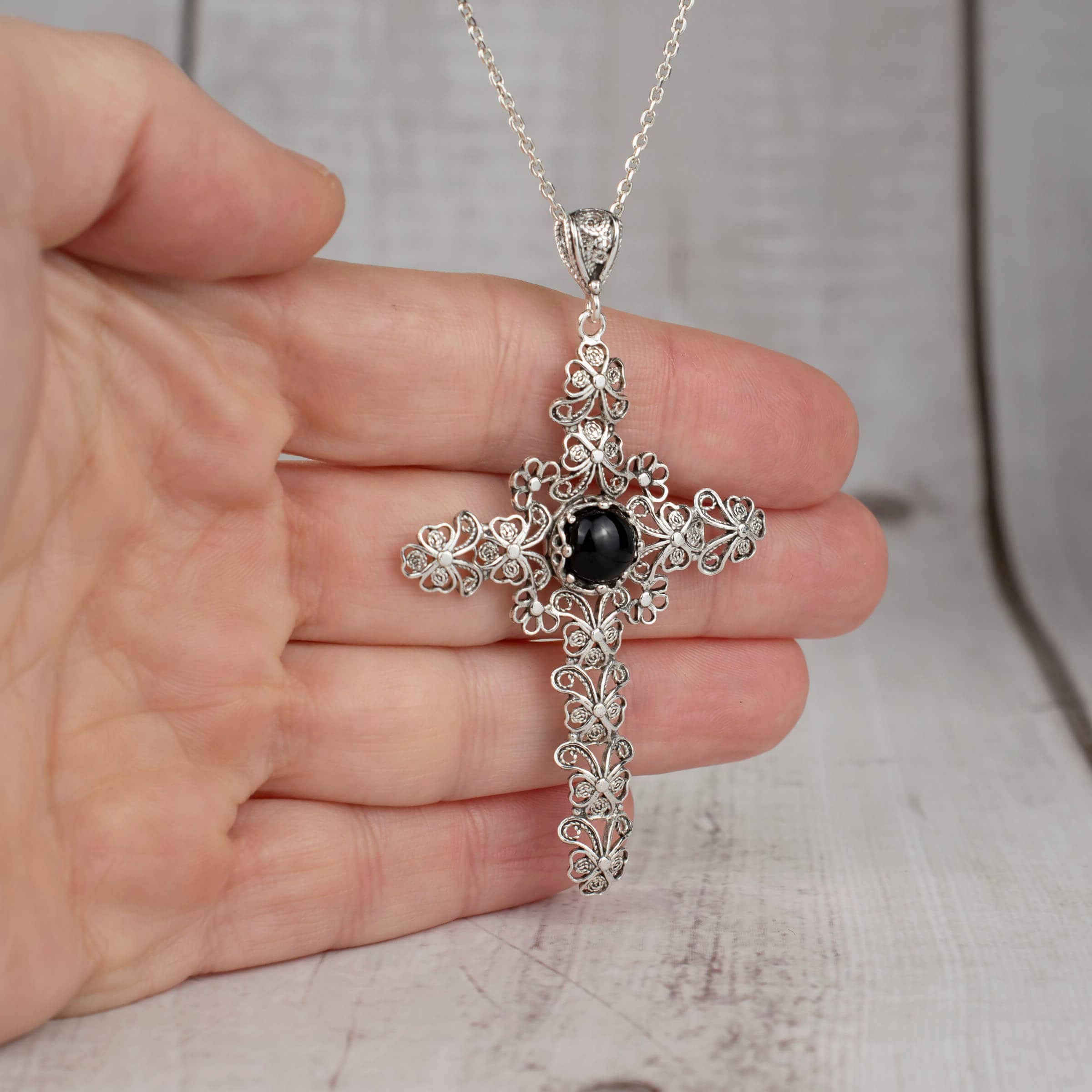 925 Sterling Silver Filigree Art Black Onyx Cross Pendant Necklace - Etsy