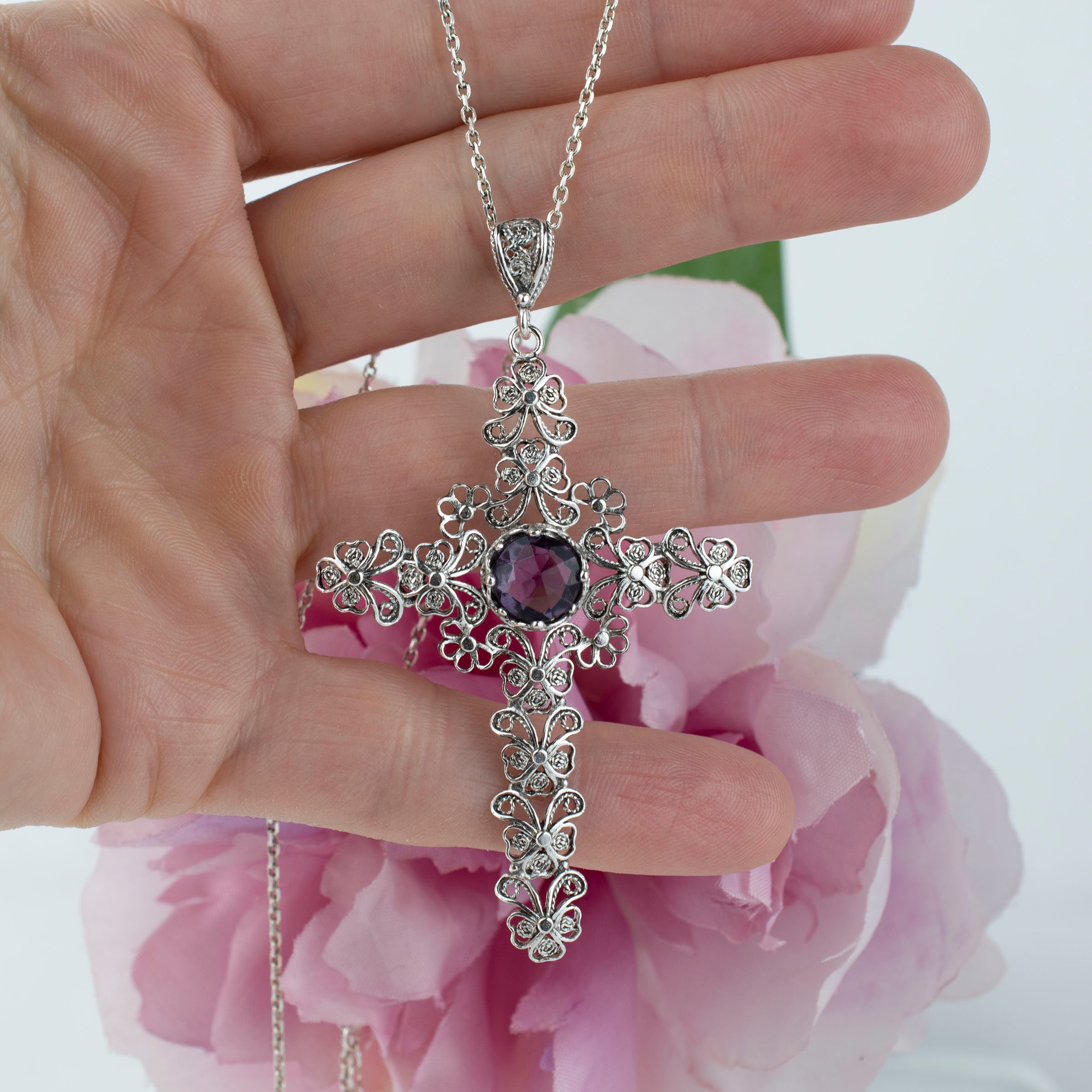 925 Sterling Silver Filigree Art Amethyst Cross Pendant Necklace - Etsy