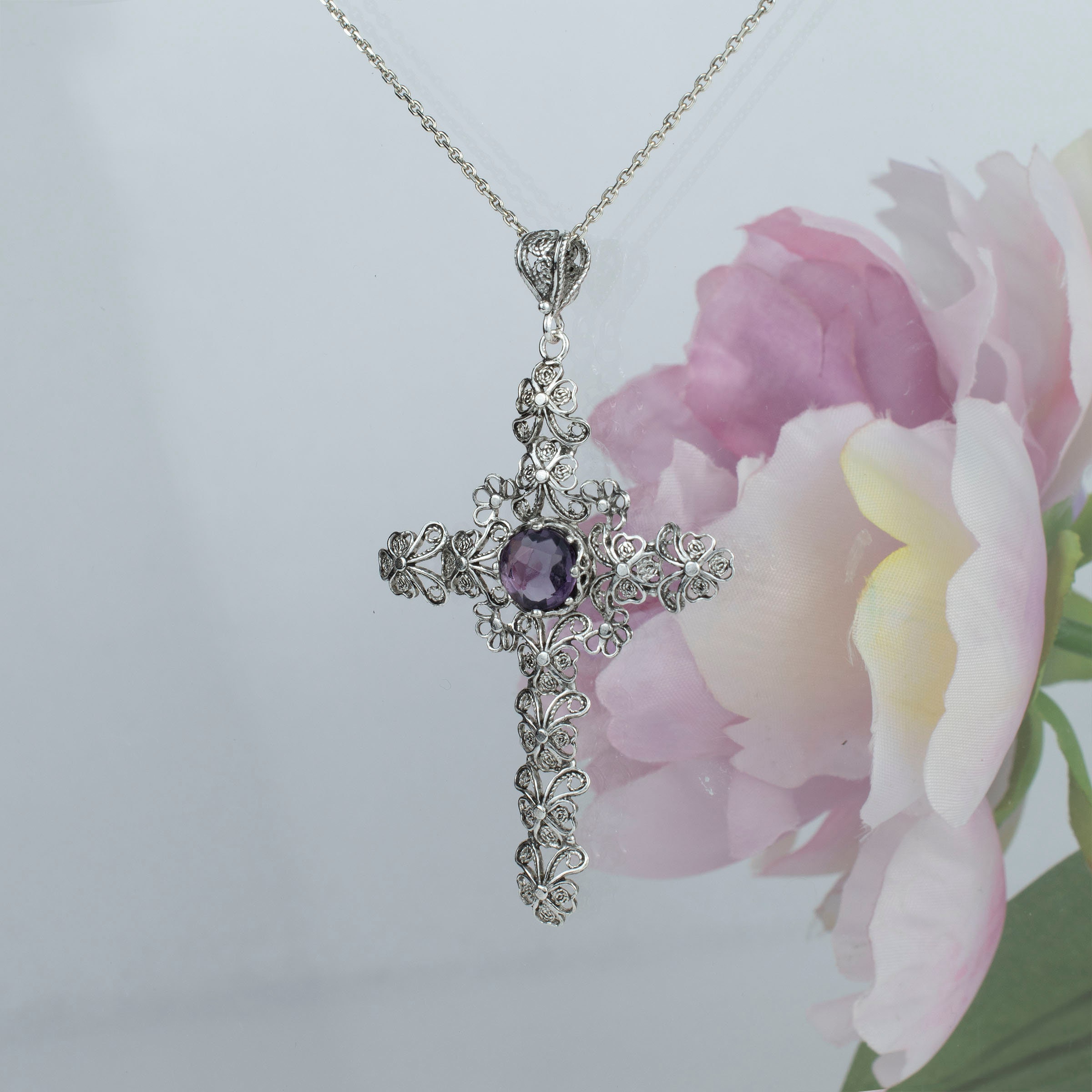 925 Sterling Silver Filigree Art Amethyst Cross Pendant Necklace - Etsy