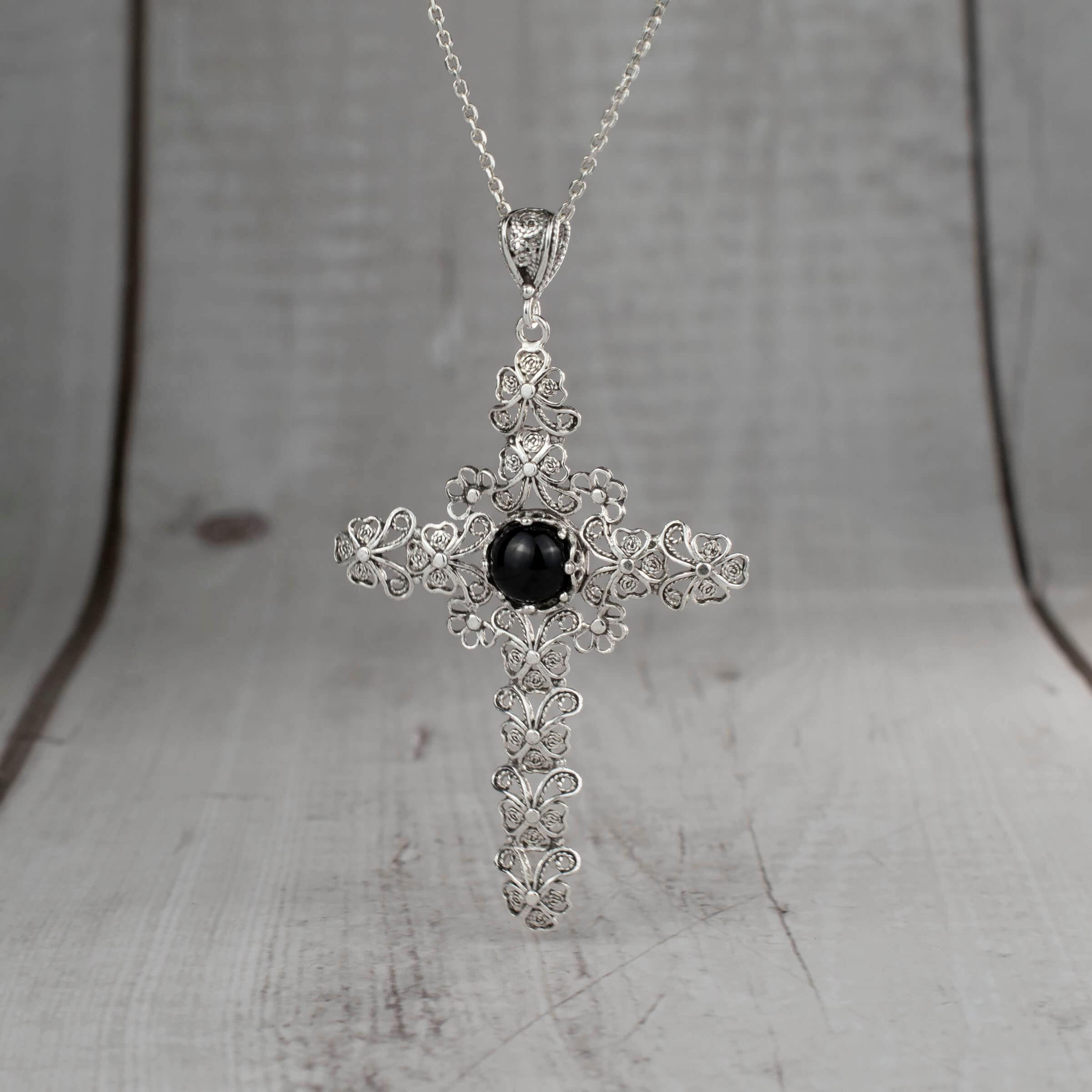 925 Sterling Silver Filigree Art Black Onyx Cross Pendant Necklace - Etsy