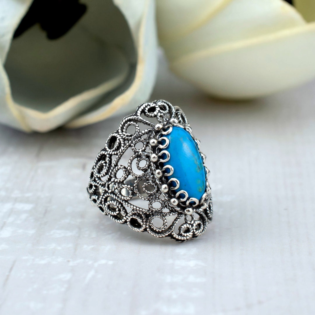 925 Sterling Silver Lace Design Filigree Art Turquoise Women Statement ...