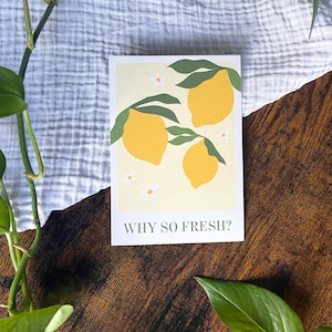 Zitronen Karte „Why so fresh“ – Postkarte mit Zitronenmotiv, Motivkarte zum Versenden oder als Geschenkbeilage, A6 Grußkarte
