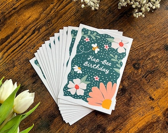 "Happiness Bee Birthday" card – postcard with flowers and a bee, motif card for sending or as a gift insert, A6 greeting card