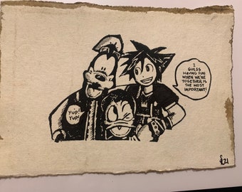 May include: Black and white illustration of three cartoon characters.  Goofy, Donald Duck, and a character with spiky black hair are smiling and standing together.  The text "I guess having fun when we're together is the most important!" is in a speech bubble above the character with spiky hair.
