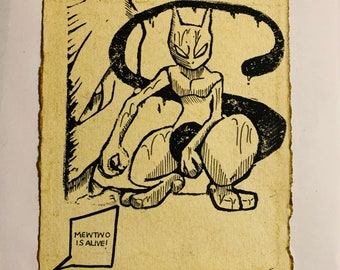May include: Black and white illustration of a cartoon character with a speech bubble that says "Mewtwo is alive!" on a beige background.