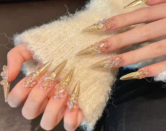 Ongles à presser stylets dorés et chromés : nail art 3D à pointes de cristal, taille M