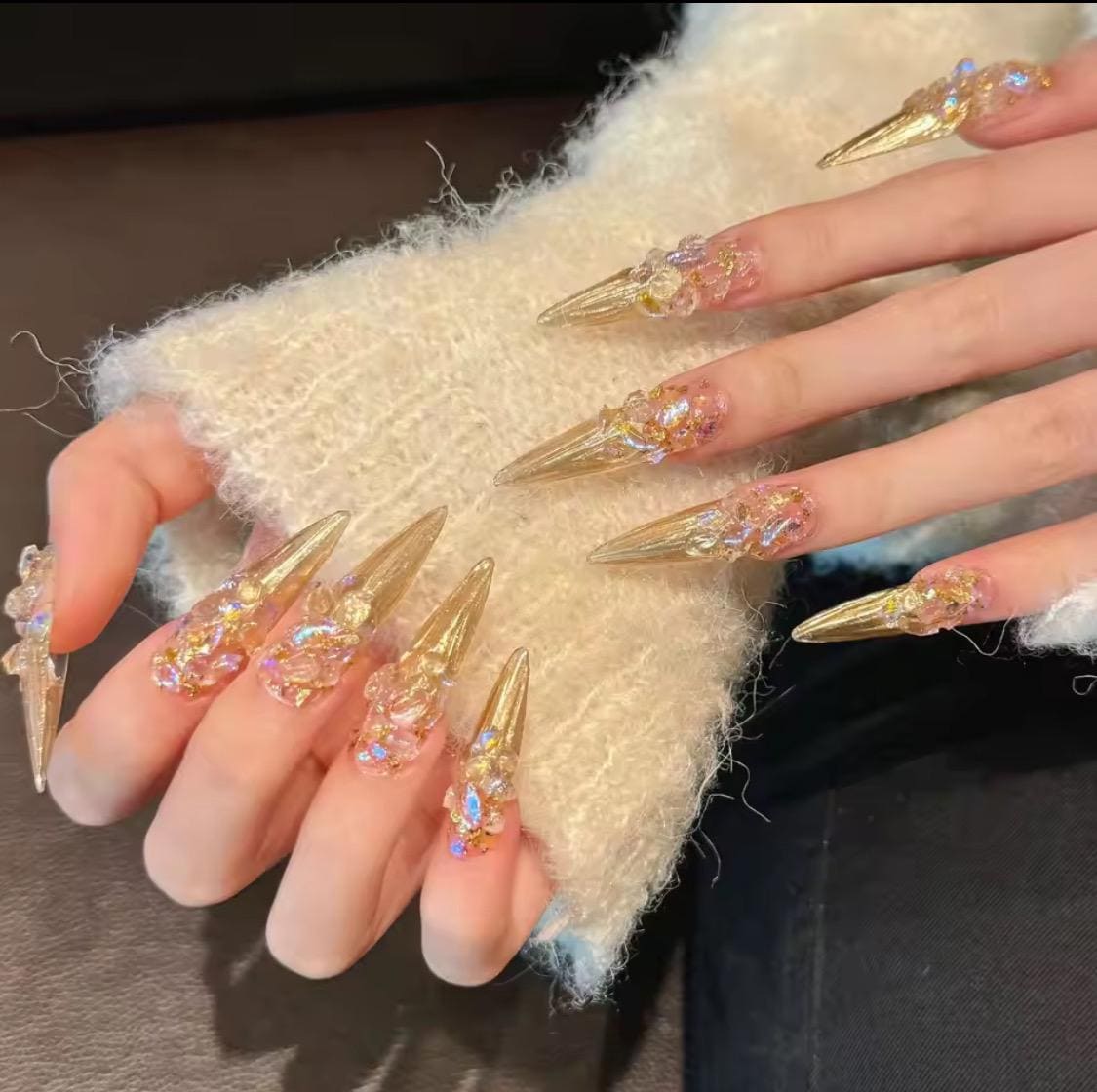 Gold Chrome Stiletto Press-On Nails: 3D Crystal Spiked Nail Art, Size M