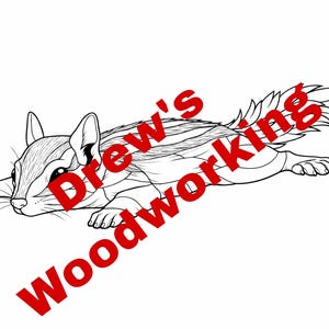 May include: Line art illustration of a chipmunk in a relaxed pose. The chipmunk is in a side profile, with detailed lines defining its fur and features. The text "Drew's Woodworking" is overlaid in red.