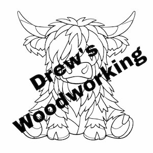 May include: Black and white illustration of a Highland cow, with long fur and horns. The text "Drew's woodworking" is diagonally across the image.