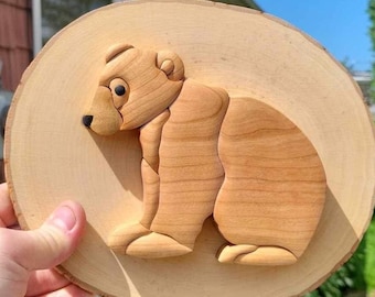 Cachorro de oso de madera, oso, rebanada de madera, intarsia