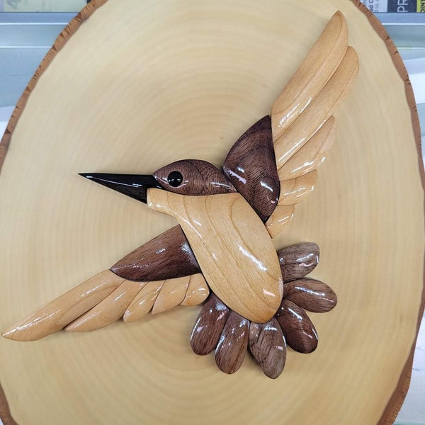 Wooden Intarsia Flying Hummingbird