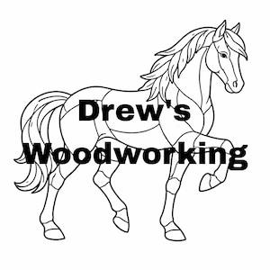 May include: Black and white line drawing of a horse with the text "Drew's Woodworking" across the body. The horse is in a stylized, stained-glass window style, with segmented body sections.