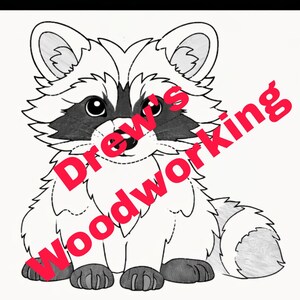 May include: A black and white cartoon raccoon illustration with the text "Drew's Woodworking" in red. The raccoon has a fluffy tail and is sitting upright, with its paws visible. The image is on a white background.