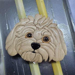 custom wooden dog intarsia wall hanging, live edge, wall decor, intarsia