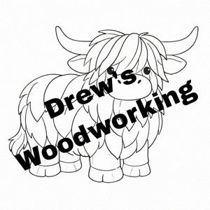 May include: Black and white line drawing of a Highland cow with long shaggy fur. The text "Drew's woodworking" is diagonally across the image. The cow has horns and a cute expression.