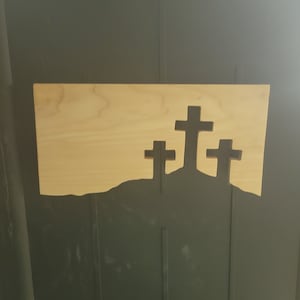 3 wooden crosses on the hill wall plaque. EASTER DECOR