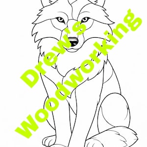 May include: Line art illustration of a sitting wolf with detailed facial features and a fluffy chest. The image is in black and white, with the text "Drew Woodworking" in a bright green, diagonal across the image.