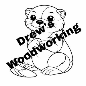 May include: A black and white cartoon illustration of a beaver sitting upright, with its paws clasped together. The beaver has large, round eyes and a fluffy body. The text "Drew's Woodworking" is diagonally across the image.
