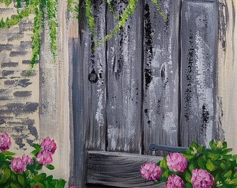 Rustic Door with Flower Pots | Original Acrylic Painting on 9x12 Unstretched Canvas, Art Hand-painted Living Room Wall Home Decor Painting