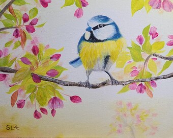Cute Bird and Tree Blossoms | Original Acrylic Painting on 11x14 Canvas Art Hand-painted Living Room Wall Home Decor Bluetit Bird Painting