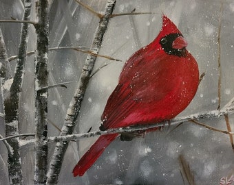 Snowy Cardinal | Original Acrylic Painting on 9x12 Unstretched Canvas Art Hand-painted Living Room Wall Home Decor Painting Artwork Bird Art