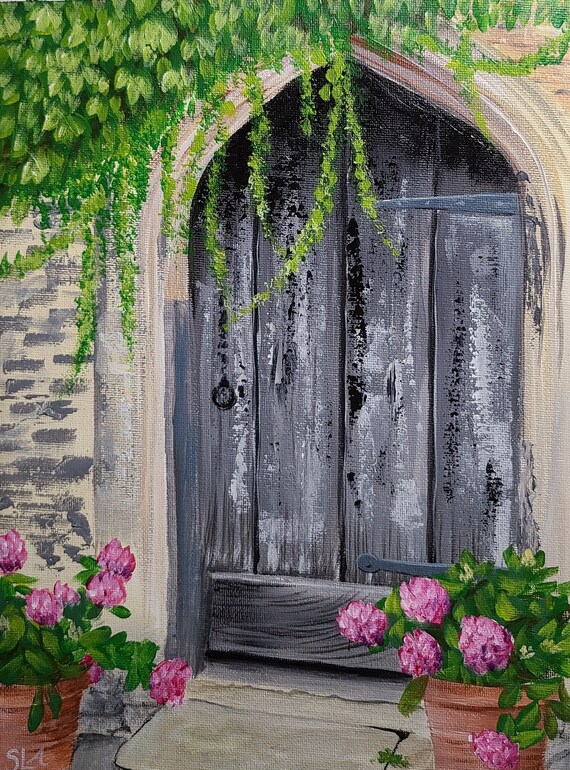 Rustic Door With Flower Pots Original Acrylic Painting on 9x12 Unstretched  Canvas, Art Hand-painted Living Room Wall Home Decor Painting 