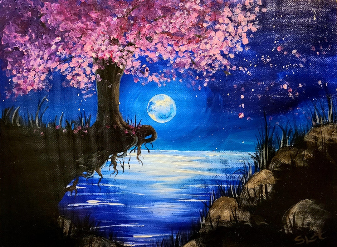 Moonlit Cherry Blossom | Original Acrylic Painting on 9x12