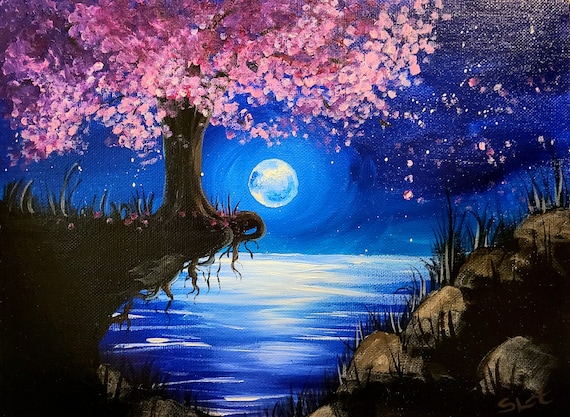 Moonlit Cherry Blossom | Original Acrylic Painting on 9x12
