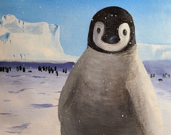 Cute Snowy Penguin | Original Acrylic Painting on 9x12 Unstretched Canvas, Art Hand-painted Living Room Wall Home Decor Painting Artwork