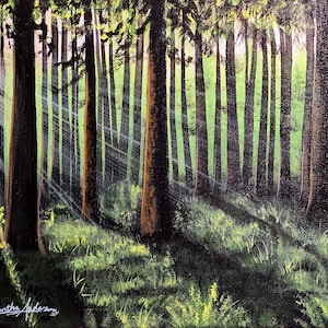 Nature&#39;s Sunrays | Original Acrylic Painting on 11x14 Canvas, Art Hand-painted Living Room Wall Home Decor, Painting Artwork, Mountain green