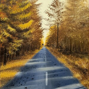 Sunrise Forest Road | Original Acrylic Painting on 11x14 Canvas, Art Hand-painted Living Room Wall Home Decor Painting Artwork Mountain Fall