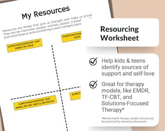 May include: A worksheet titled "My Resources" with a grid divided into four sections. Each section has a yellow box with text describing a resource. The text in the boxes reads: "Something/Someone that makes me smile", "Something/Someone that helps", "Something/Someone that makes me feel safe and protected", and "Something". The worksheet is titled "Resourcing Worksheet" and includes text describing how to use the worksheet to help kids and teens identify sources of support and self-love. The worksheet also states that it is great for therapy models like EMDR, TF-CBT, and Solutions-Focused Therapy.