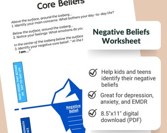 EMDR Worksheet for kids, CBT Worksheet on Negative Beliefs, Worksheet for depression, anxiety, trauma, Mental health worksheet