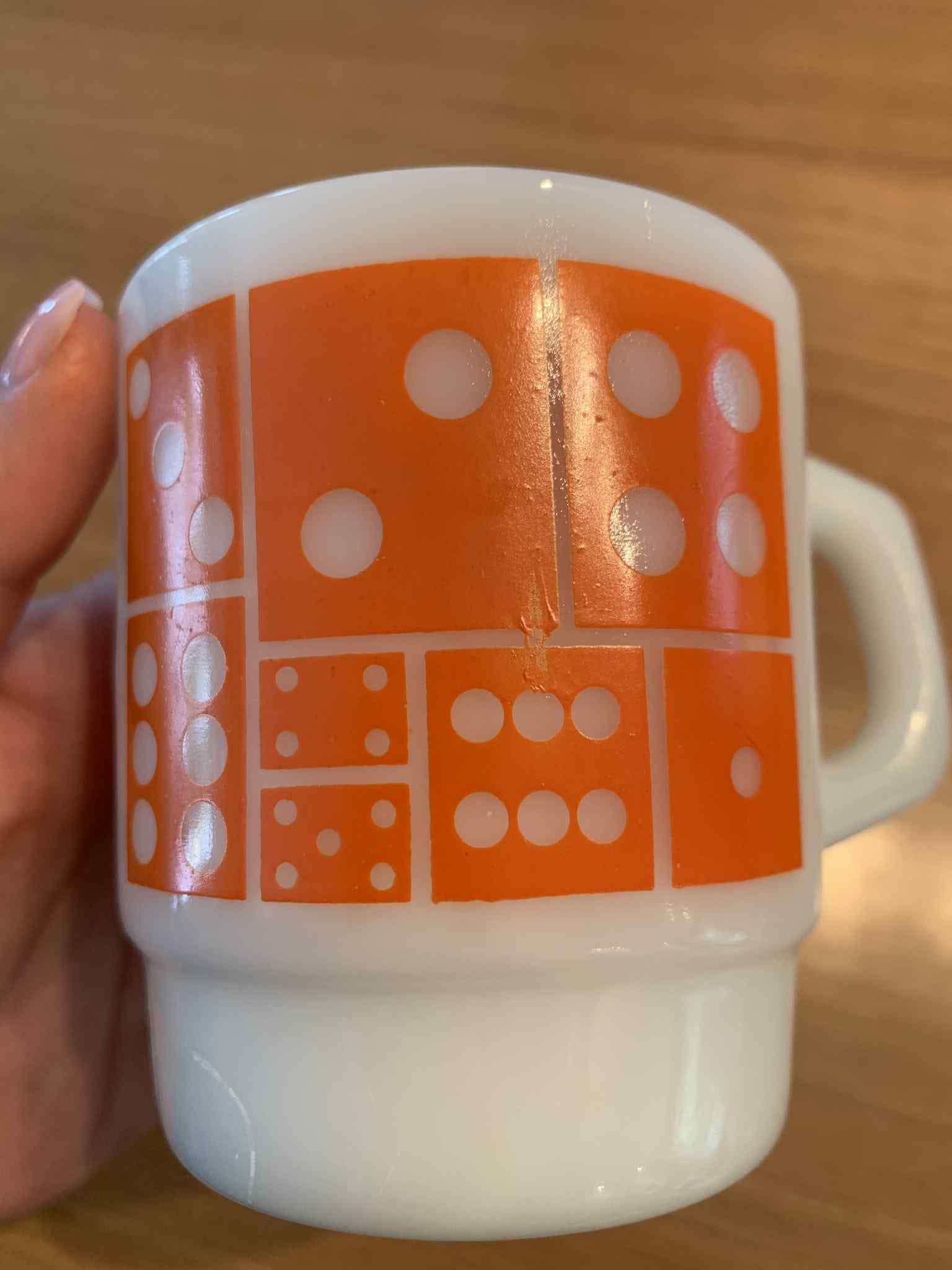 Vintage Orange Fire-king Super Dice (domino) Stacking Mug (1940