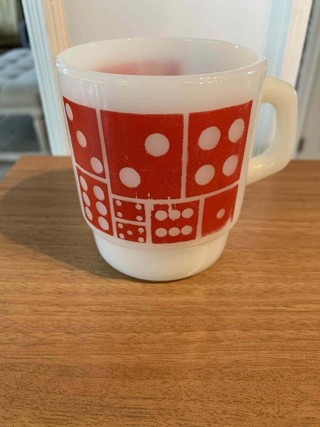 Vintage Red Fire-king Super Dice (domino) Stacking Mug (1940