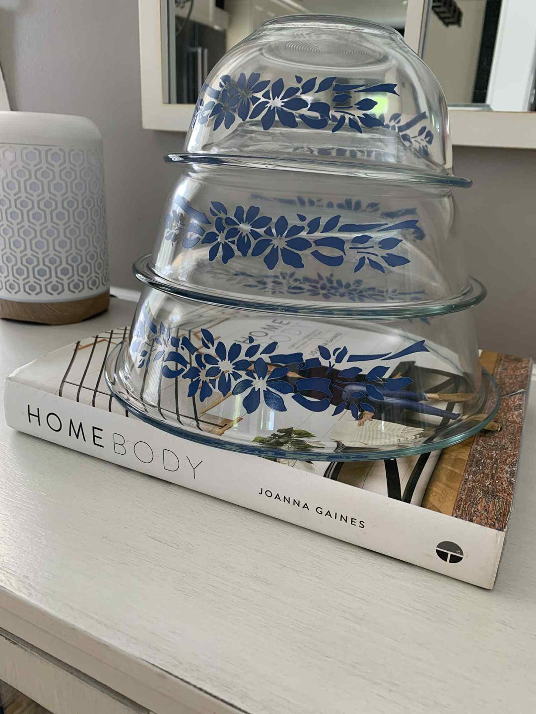 Vintage Pyrex Clear Blue Floral Ribbon Mixing Bowls, 325, 323, 322 - Etsy