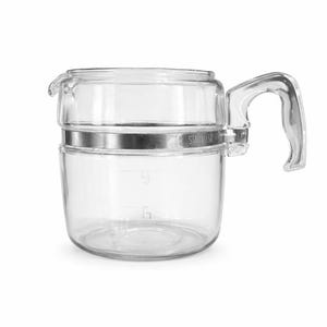 May include: A clear glass coffee pot with a handle. The pot has a stainless steel band around the middle and a spout. The pot has measurement markings on the side. The word "STAINLESS" is printed on the stainless steel band.
