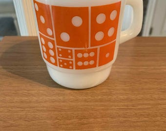 Vintage Orange Fire-king Super Dice (domino) Stacking Mug (1940