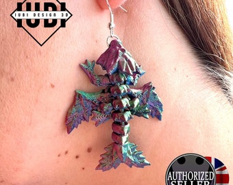 Cinderwing3D Tiny Crystal Dragon Earrings | Articulating Dragon Dangle Statement Earrings | 3D Printed Fashion