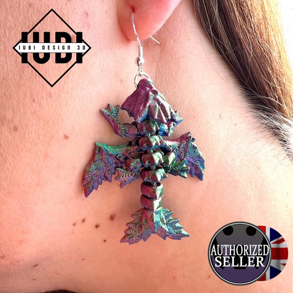 Cinderwing3D Tiny Crystal Dragon Earrings | Articulating Dragon Dangle Statement Earrings | 3D Printed Fashion