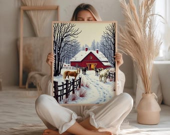 May include: A framed print featuring a winter scene with a red barn, snow-covered ground, and horses. Bare trees frame the barn, and a wooden fence is in the foreground. The text "Frame Not Included" is at the top.