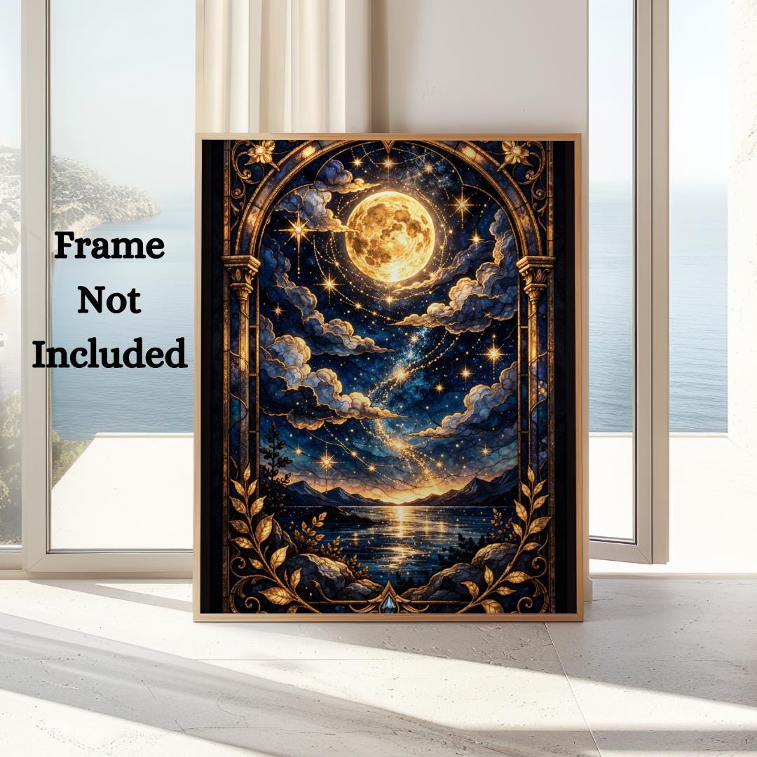 Celestial Moon & Stars Art Print | Golden Moonlit Night Poster - Etsy
