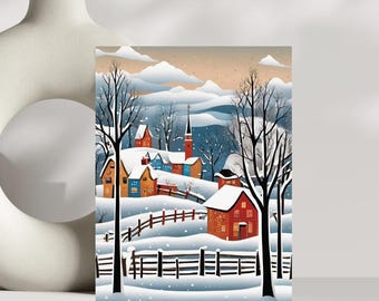 May include: A snowy winter village scene with red, blue, and yellow houses, a church steeple, and snow-covered hills. Two bare trees stand in the foreground, with a wooden fence separating the village from the viewer.